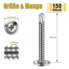 Pack of 150 Self Tapping Screws 4.8 x 38 mm Stainless Steel Flat Head with Disc and Phillips Screwdriver Bit