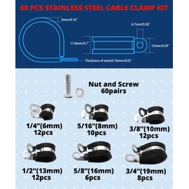 TOMSHIELE 120PCS Cable Clamps Set, Cable Clamps with Screws, Cable Clamps Assortment Kit, Stainless Steel Cable Clamps, Rubber Cushion Pipe Clamps, 6 Sizes-3/4” 5/8” 1/2” 3/8” 5/16” 1/4” Inch