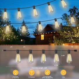 Hobbynors ST38 Outdoor String Lights 25FT with 12+1 LED Bulbs, E12 Socket, Waterproof Commercial Grade, 2700K Warm White for Garden, Backyard, Bistro, Patio, Porch, Deck, Gazebo, Wedding Decor