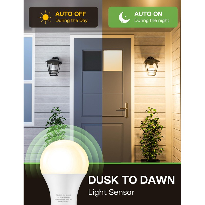 Eastiya Dusk to Dawn Sensor LED Outdoor Light Bulb, Warm