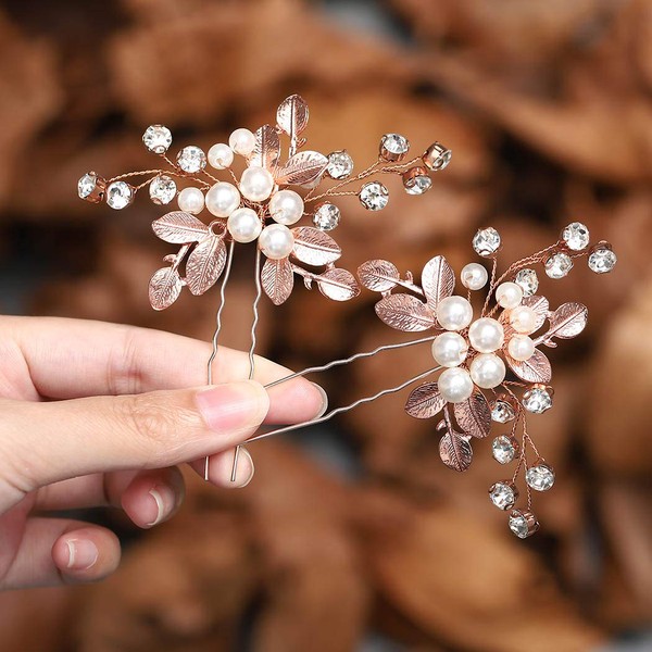 Zoestar Bridal Wedding Hair Pins Crystal Headpiece Pearl Hair Clips Bridal Leaf Hair Accessories for Women and Girls (Pack of 2) (Rose Gold)