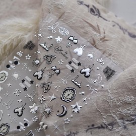 1 Sheet Star Moon Nail Art Stickers Decals 5D Embossed Self-Adhesive Nail Decals Silver Heart Cherry Clock Bow Nails Design Stickers Metallic Nails Decorations for Women Summer Manicure Art Supplies