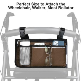 HSGEZUOQI Wheelchair Side Bag, Armrest Storage Pouch with Cup Holder and Reflective Strip for Wheelchairs, Walkers or Rollators, Father's & Mother's Day Gifts (Coffee)