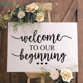 Wedding Welcome Sign Wall Decal Welcome to Our Beginning Home Adhesive Sticker Marriage Wedding Ceremony Wall Sticker 22" Wide by 13" Tall (Black)