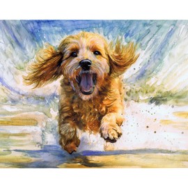 Playful Cockapoo on the Beach - Hand-Signed Watercolour Artwork Print by Oscar Jetson on 230gsm Matte Paper, Available in Multiple Sizes (8x10 inches)