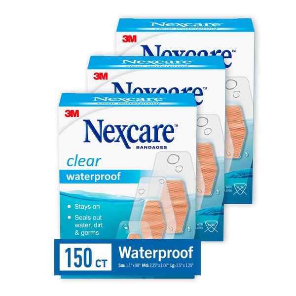 Nexcare Waterproof Clear Bandages, Covers And Protects, Assorted Sizes, 3 Packs, 150 Count