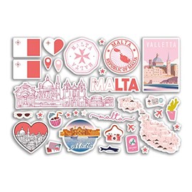 A5 Sticker Sheet Malta Pink Landmarks Vinyl Stickers - Maltese Map Airport Stamp Skyline Flag Travel Holiday City Country Aesthetic #80352