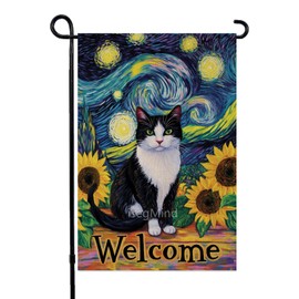IsegMind Funny Sunflower Garden Flag Welcome Sunflower Tuxedo Cat Garden Flag 12x18 Inch Small Double Sided for Outside Tuxedo Cat Yard Flag (8587)