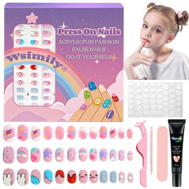 72 Pcs Press on Nails for Kids, Wsimily Children Short Round False Nails, 3 Pack Fake Nails Set, Colorful DIY Nail Art Decorations for Girls, with Jelly Nail Glue and Jelly Nail Adhesives