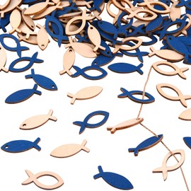 FEPITO Pack of 100 Wooden Fish Decorative Fish Vintage Decorative Fish Christening Decoration Table Decoration Confirmation Decoration Communion Decoration (Natural Wood Colour and Blue)