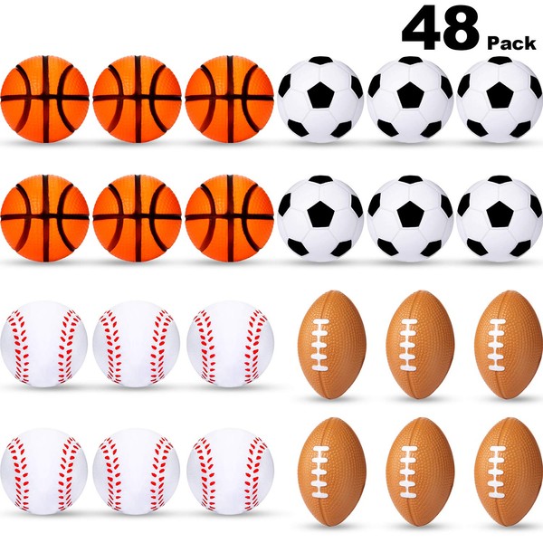 Mini Stress Balls, Sports Stress Balls, Including Soccer Ball, Basketball, Football, Baseball Foam Balls for Party Favor Toy (48 Pieces)