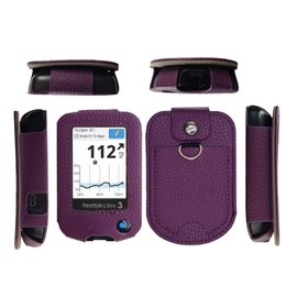 Fitted Leather Case W/Screen Protector & Pocket (Lanyard Included) for Freestyle Libre 3, Freestyle Libre 2 (Purple)