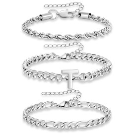 Semoya Silver Bracelets for Men, Stainless Steel Chain Bracelet Mens Wrist Jewelry Gifts for Him Male Pulseras Para Hombres Initial T Cuban Link Rope Figaro Chains Bracelets Set 7.5+2 Inches