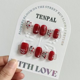 TENPAL Handmade Press on Nails Short Square,Reusable Red Cat Eye Soft Gel Fake Nails,10PCS Set with 3D Plum Blossom Pattern Red Nails,Pearl Acrylic Stick on Nails for Women and Girls,Large Size