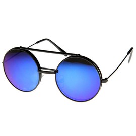 zeroUV Limited Edition Color Mirror Flip-Up Lens Round Circle Django Sunglasses (Black Blue-Mirror)