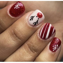 Christmas Press on Nails Short Square Fake Nails Winter Red White Stripe False Nails with Reindeer Snowflake Designs Glitter Acrylic Nails Full Cover Christmas Stick on Nails for Women Manicure 24 Pcs