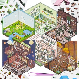 6 Sets 3D Fun Mini Panda House Scene Stickers with Tweezers Make Your Own Library Supermarket Camping Tree House Stickers Scenes Cute Mini Room Craft Stickers for Relief Stress Pass The Time