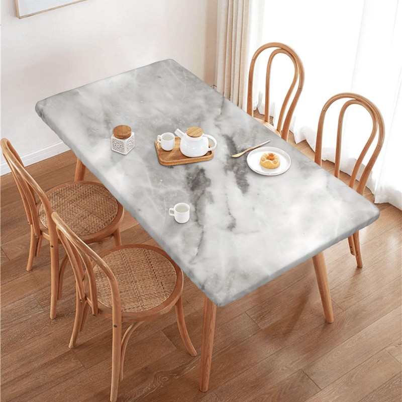 Gray and White Marble Texture Rectangular Tablecloth with Elastic Edge