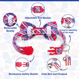 DILLYBUD American Flag Cat Collar with Bell Bow Tie Star Breakaway for 4th of July Independence Day, Adjustable Safety Kitten Collars with Removable Bowtie & Charm for Boys Girls Male Female Cats