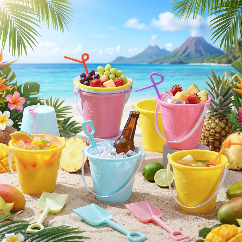 15 Set 33.8 Ounce Large Beach Drink Buckets with Shovels