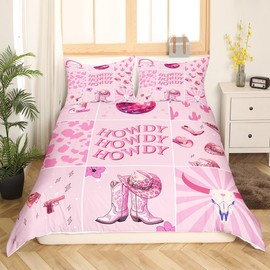 Pink Western Duvet Cover Set Queen Size,Leopard Print Bedding Set Kids Teens Adults Room Decor,Boots Hats Rustic Comforter Cover 3Pcs,American Tribal Cowgirls Cowboys Bedspreads Cover,2 Pillowcases