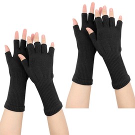 VEGCOO 2 Pairs Warm Half Finger Gloves, Winter Fingerless Gloves, Knitted Fingerless Gloves for Men Women (Black * 2)