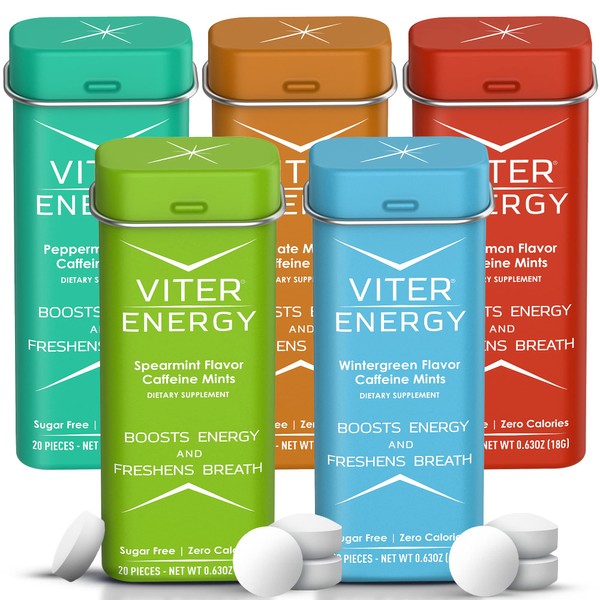 Viter Energy Caffeinated Mints 40mg Caffeine, B Vitamins, Sugar Free. (Variety, 20pcs, 5 Pack)