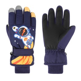 QKURT Kids Ski Gloves, Children's Winter Warm Snow Gloves Waterproof Thick Children's Gloves Mittens with Astronaut Pattern for Boys Girls