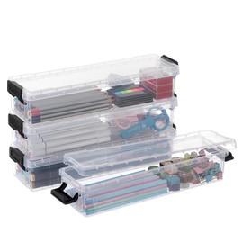 BTSKY 4 Pack Clear Storage Containers Pencil Boxes - Multi-functional Home/Office Rectangle Plastic Stationery Boxes, Stackable Transparent Utility Boxes Organizer, Black Button