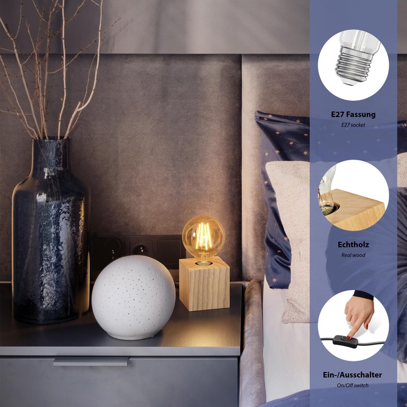 ledscom.de Hito Table Lamp, Switch, Real Wood (Rubber Tree), Square,