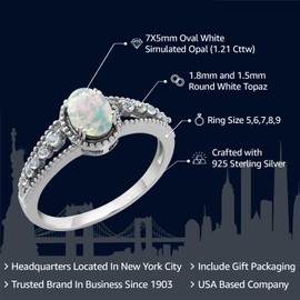 Gem Stone King 925 Sterling Silver White Simulated Opal and White Topaz Engagement Ring For Women (1.21 Cttw, Oval Cabochon 7X5MM, Available 5,6,7,8,9) (Size 8)