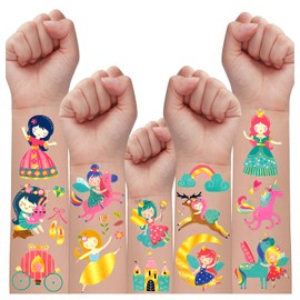 Partywind Glitter Princess Temporary Tattoos for Girls Party Favors, Princess Fairy Birthday Decorations Party Supplies, Tattoo Stickers for Kids Goodie Bag Stuffers Fillers