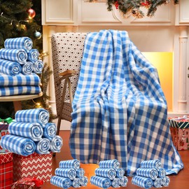 Moukeren 48 Pcs Buffalo Plaid Throw Blanket Bulk, 59 x 47 Inch Fleece Bed Throw Winter Warm Lightweight Blankets Soft Plush Plaid Blanket Bulk for Bed Couch Sofa Office or Homeless Gifts (Blue,White)