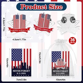 36 Set September 11th Never Forget Lapel Pin-36 Twin Towers Badges Bulk,36 Patriot Memorial Cards,36 Organza Bags 911 2001 Never Forget Party Supplies USA Flag