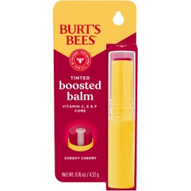 Burt’s Bees Tinted Boosted Balm Cheeky Cherry; Nourishing Vitamin C, E, and F Core; 24 Hour Moisture; Buildable Color with a Semi Glossy Finish; 100% Natural Origin; 1 Tube; 0.16 Oz.