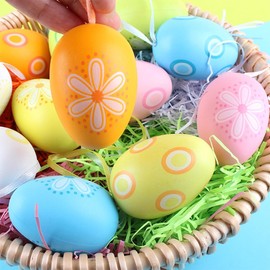 KUMSODE Easter Eggs for Hanging, Pack of 12 Colourful Easter Eggs Plastic with String Reusable Easter Decoration Hanging Decoration for Easter Gift Easter Hunt Easter Tree Decoration Home Garden Party