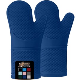 Gorilla Grip Heat and Slip Resistant Silicone Oven Mitts Set, 14.5 in, Soft Cotton Lining, Waterproof, BPA-Free, Extra Long Thick Gloves for Cooking, BBQ, Kitchen Mitt Potholders, Blue