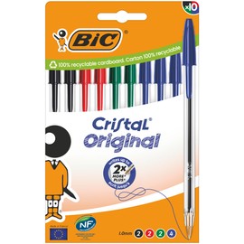 BIC Cristal Original Ballpoint Pen with Medium Tip (1.00mm) Matching Caps and Finials - Assorted Ink Colours - Cardboard Box of 10