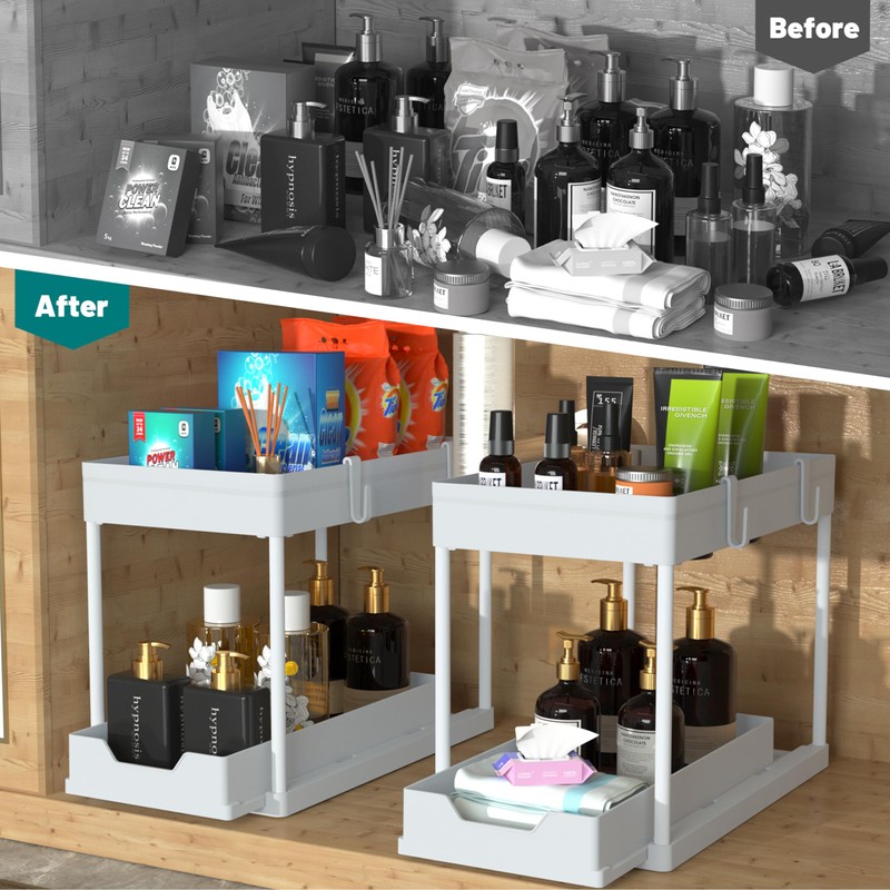 DEKAVA Cabinet, 2 Pack Under Sink Organizer, 2 Tier Sliding