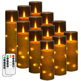 Da by Flameless Candles with Recessed String Light, Battery Operated Candles, Acrylic LED Pillar Candles with Remote Control and Timer, Gray, Set of 12