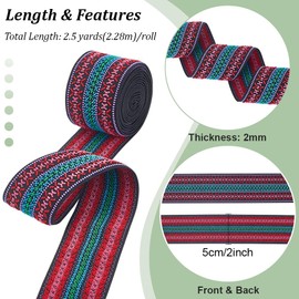 BENECREAT Woven Rubber Elastic Band Width Approx. 2.9 inches (50 mm), Polyester, Bohemian Style, Flat Rubber, Embroidery, Replacement Band, Elastic Band, Clothes, Belt Replacement, Handicraft Sewing,