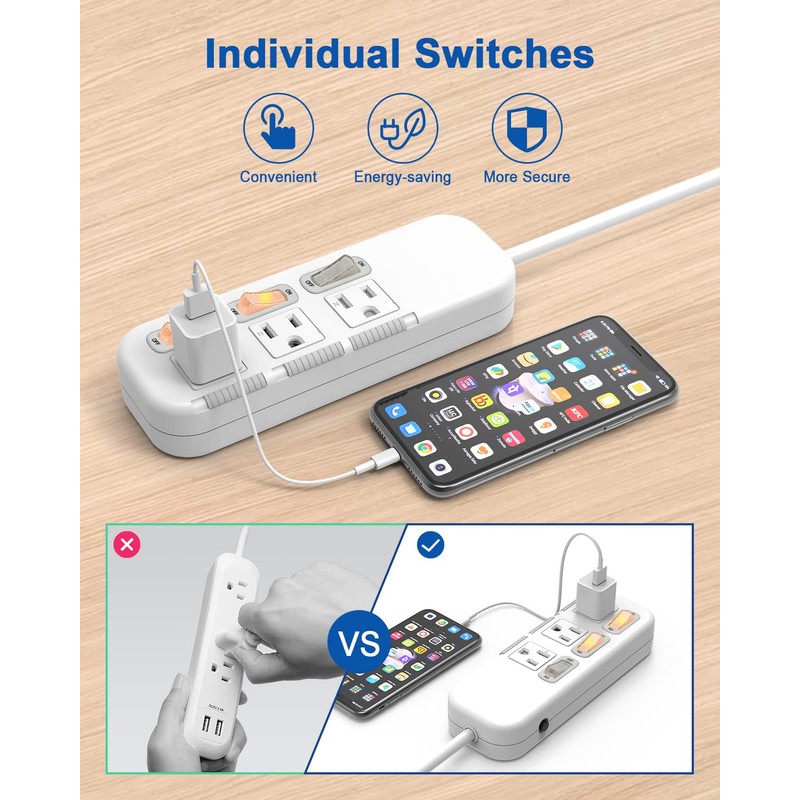 Flat Plug Power Strip Individual Switches, Extension Cord 3 feet,