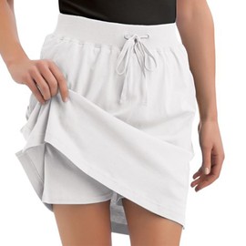 Easylife Women's Drawstring Skort (White, M). Athletic Skort with Pockets. Machine Washable. Knee-Length. Mid Rise. Casual. Tennis, Yoga