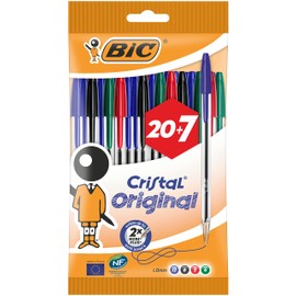 BIC Cristal Original Ballpoint Pens Medium Point (1.0 mm) – Assorted Colours, Pouch of 20+7
