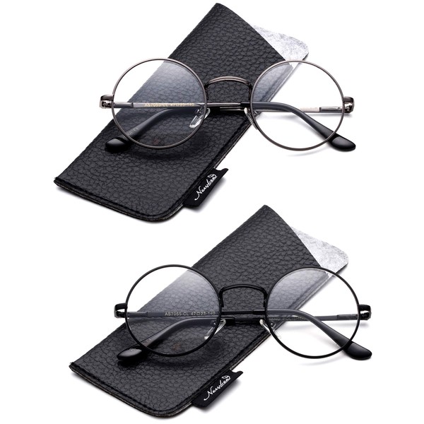 anteojos de lectura unisex de calidad con marco de acero inoxidable, redondas, de metal, 2 Pairs - Gunmetal & Black, 2.00 X