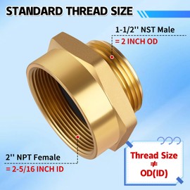 AquaNPT Fire Hydrant Hose Adapter, 1-1/2" NST (NH) Male x 2" NPT Female Hex Nipple Fire Hose Coupling Fittings, Brass Water Equipment Connector (2" NPT Female x 1.5" NST Male)