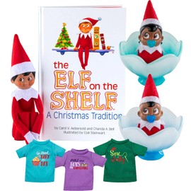 The Elf on The Shelf Bundle: Scout Elf Boy Dark Tone, Boy + Girl Dark Tone Frost Pips Figures and Elf Mate T-Shirts