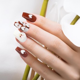 XODITO Fake Nails Set Brown White Long Medium Square Cute 3D Bear Love False Nail Tips, Press On Nails, Artificial Art Nails Finger Manicure for Women and Girls(CDJ0003-S)