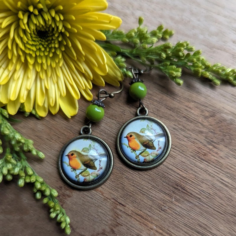 Victorian Robin Bird Earrings Reversed Decoupage Glass Cabochon