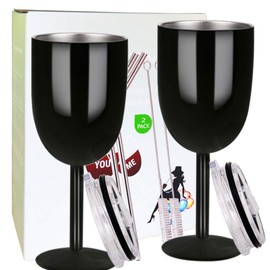 AMZUShome Stainless Steel Wine Glasses(2 Pack).Double Walled Vacuum Insulated Wine Tumbler Cups With Lid and Straw.Friendship,Christmas,Birthday Gifts for Women Men Friends Dad Mom(10oz Black)